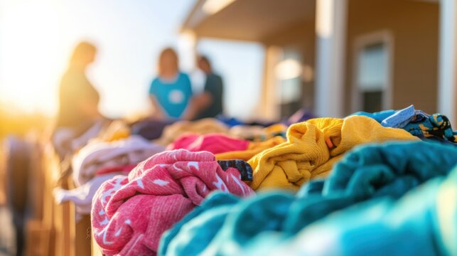 Vibrant shirts and towels are laid out on a table at a community yard sale while people converse nearby in the warm afternoon light