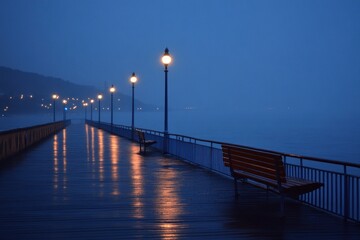 Fototapeta premium empty ad space on boardwalk path beside calm sea, night lights and reflections