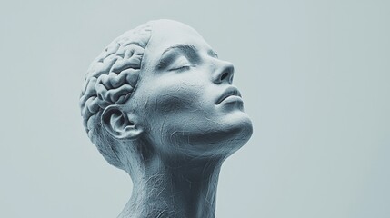 A sculpture of a serene woman with a brain representation, symbolizing mindfulness.