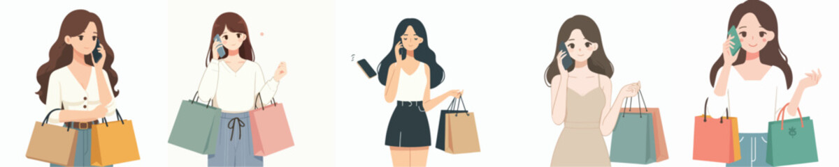 Vector of young woman shopping and receiving a phone call from someone