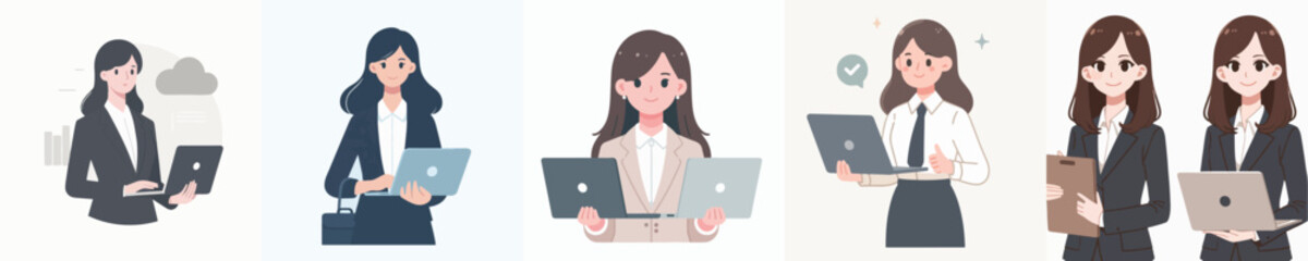 Set Vector of young career woman working using laptop