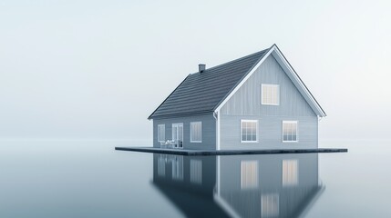 A serene modern house reflected on calm, still water, evoking tranquility and minimalism.