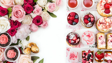 Elegant floral arrangement and assorted pastries with tea, perfect for a romantic brunch, bridal shower, or Mother's Day celebration.