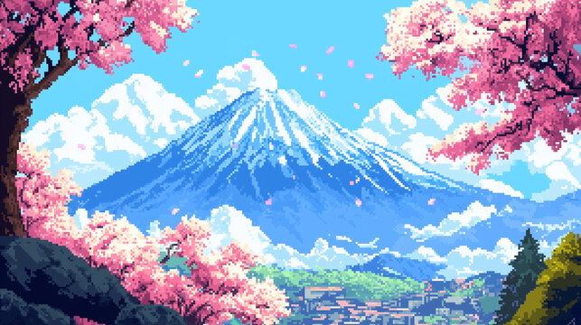 pixel style Mount Fuji background, snow-capped pixel mountain peak, bright blue pixel sky with small white clouds, pixel cherry blossoms blooming in the foreground, Ai generated images