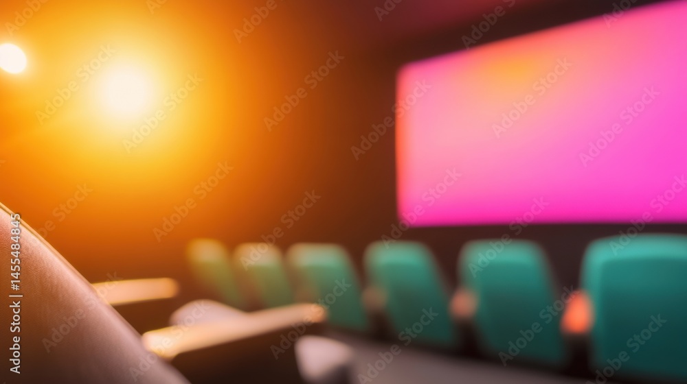 Poster empty cinema with colorful screen illumination and plush seating, creating a cozy environment for vi