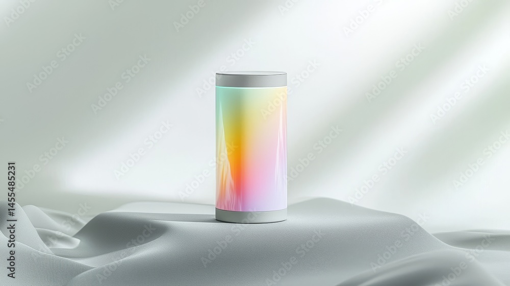 Poster a stylish beverage container with a colorful gradient design on a soft background.