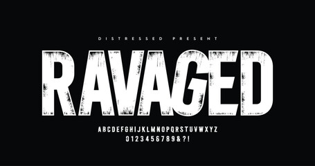 Ravaged: Distressed alphabet uppercase font set design. Vector illustration typography grunge style. Fonts design.