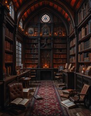 Inside Antique Library with Books and Chairs, Elegant Atmosphere