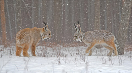 Lynx and snowshoe hare facing off in a snowy winter forest. A captivating wildlife scene showcasing a predator and prey moment.