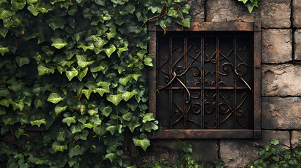 Wrought iron window covered by green ivy on a textured stone wall facade. [Gilded Mechanica] | Iron Petals | forged flora. Illustration
