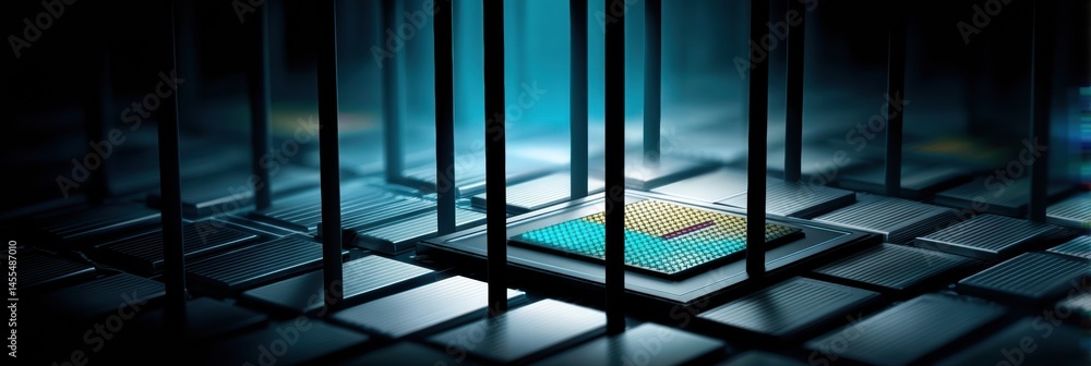 Aufkleber semiconductor chip secured behind trade bars illustrating technology protection and intellectual pro