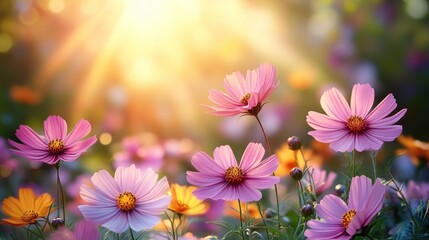 Fototapeta premium Sunlit cosmos flowers in garden