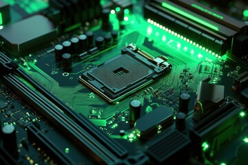 abstract close-up of motherboard in green color scheme, glowing components