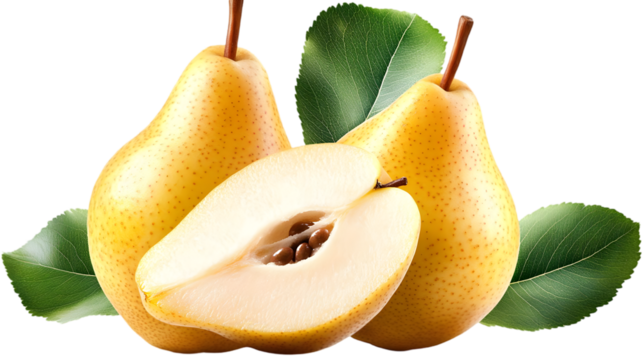 Realistic Photo Of Three Yellow Pears With Green Leaves Isolated On Transparent Background