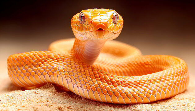 A stunning close-up of an orange snake, coiled on sand, eyes focused on the camera.  Its scales are intricately detailed, highlighting its vibrant color.