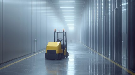 A warehouse scene featuring a yellow forklift in a misty corridor of storage units.