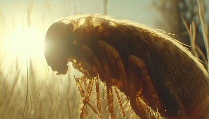 Extreme close-up of a flea backlit by the setting sun, showcasing intricate detail and texture.  The golden light highlights the flea's hairy legs and body.