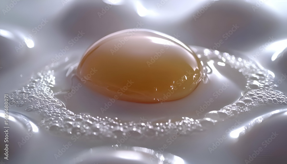Poster close-up shot of a single egg yolk surrounded by bubbling egg white, creating a visually appealing a