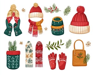 Festive winter accessories collection.  Cozy winter wear items, gloves, hats, scarves, and bags, perfect for holiday season.  Detailed illustrations of warm, winter apparel