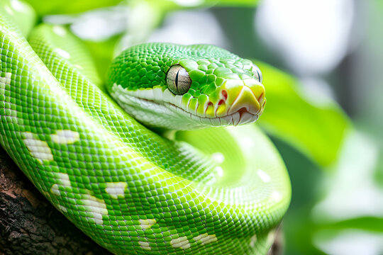 Striking close-up of a vibrant green tree python, showcasing its intricate scales and captivating gaze.