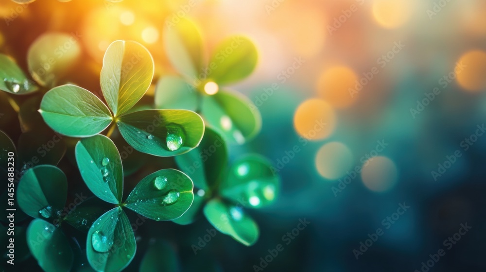Poster fresh clovers are adorned with raindrops, illuminated by soft sunlight in a colorful bokeh setting, 