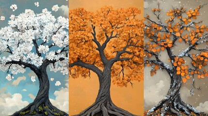 A Single Tree Showing The Four Seasons Of The Year