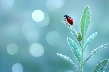 Naklejka premium Delicate ladybug and aphid on a dew-kissed leaf, soft-focus teal background. Perfect for nature, serenity, and spring themes.