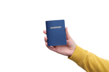blue passport in hand on white background
