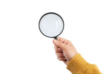 magnifying glass held by hand on white background