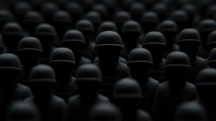 Obraz premium A group of identical, dark helmeted figures stands together, with one figure subtly highlighted in the center.