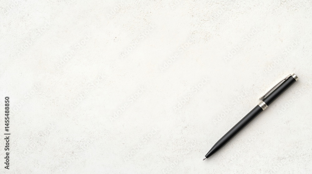 Aufkleber a black pen lies on a light textured surface with ample empty space, creating a minimalist and profe