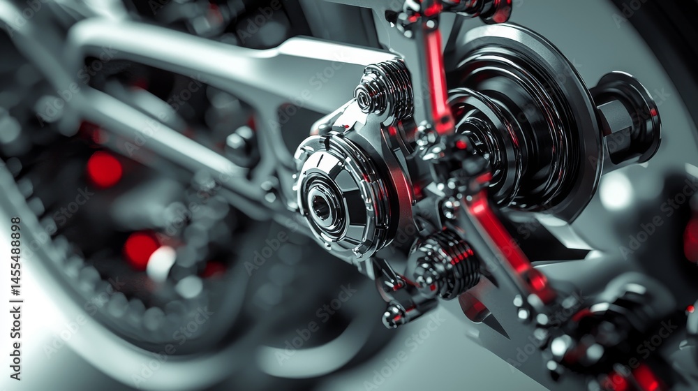 Poster close-up of a sleek motorcycle component showcasing intricate design and engineering.
