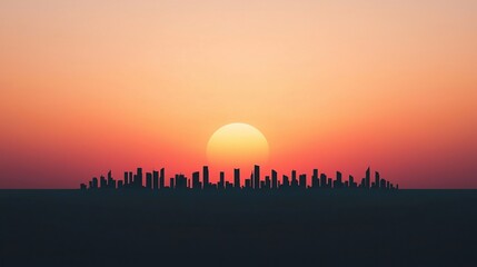 A city skyline silhouetted against a vibrant sunset with the sun setting behind the buildings.