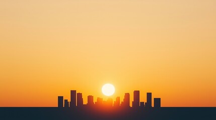 Fototapeta premium A glowing sun sets behind a modern city skyline, casting an orange and yellow gradient across the sky.