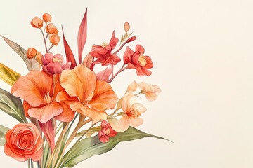 Vibrant bouquet of  orange and peach flowers in a watercolor style.