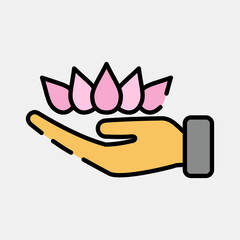 Icon lotus on hand. Buddhism and vesak elements. Icon in filled line style.