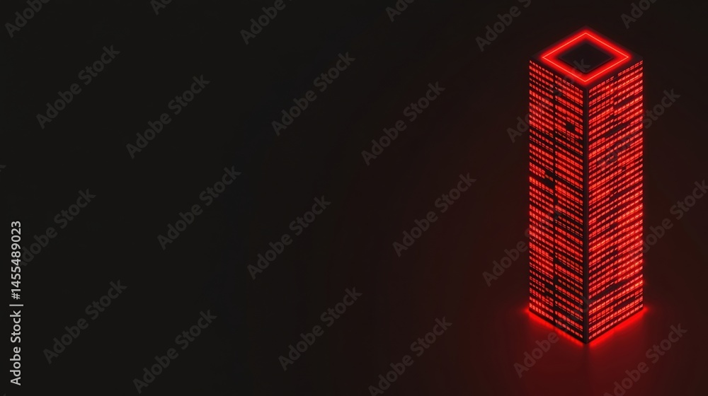 Poster a tall, rectangular skyscraper glows with bright red neon lights against a dark background, creating