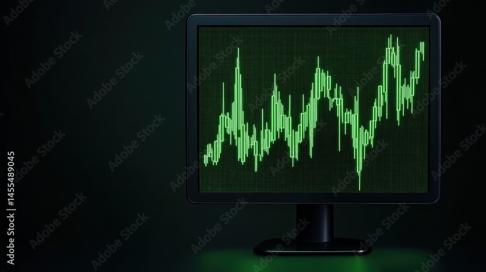 Poster a computer monitor displays a green digital financial chart with fluctuating lines on a dark backgro