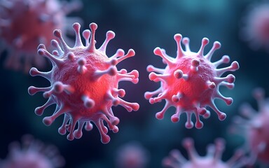 A detailed close up of two cells interacting with each other in a microscopic environment showing detail. High quality