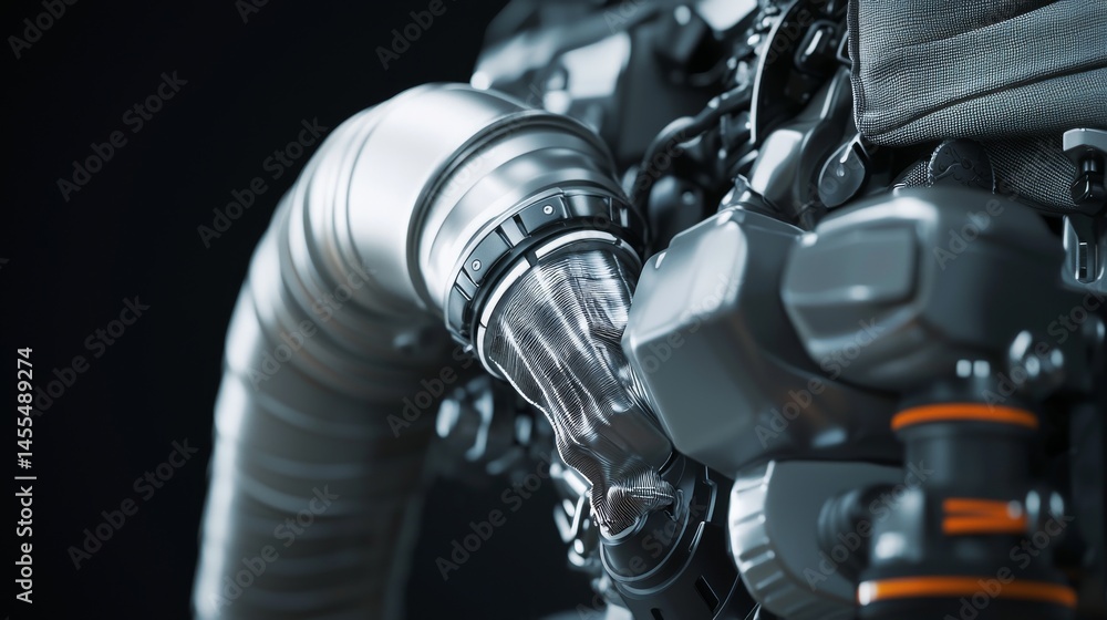 Poster close-up view of a modern engine component showcasing detailed mechanics.