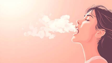 Woman Exhaling White Vapor Against Peach Background