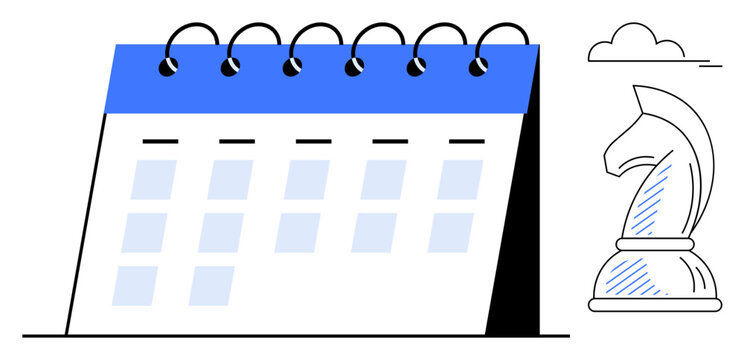 Desktop calendar with bold blue header beside stylized chess knight and cloud. Ideal for time management, planning, scheduling, strategy, organization, productivity, business tactics. Minimal flat