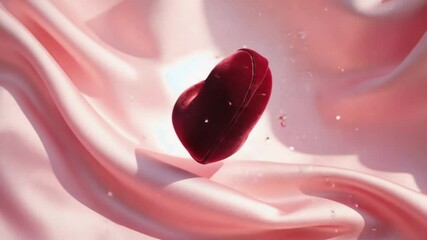 A velvet red heart slowly rotating on a silk pink background, soft particles floating in air, in motion - Powered by Adobe