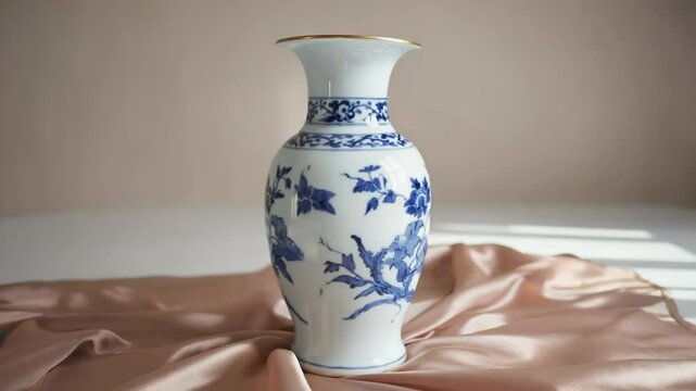  A traditional porcelain vase with intricate hand-painted details, gently spinning on a silk-covered table 