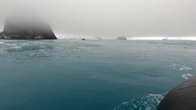 Sailing at a distance along Edinburgh Hill South Shetland Island Antarctic Peninsula on overcast day with gentoo penguins swimming towards boat and then diving under the boat