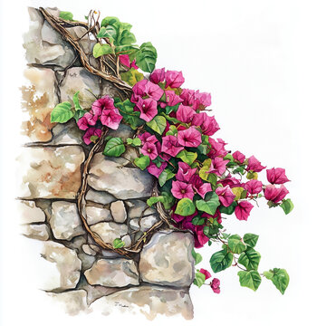 pink bougainvillea climbing stone wall clip art preview