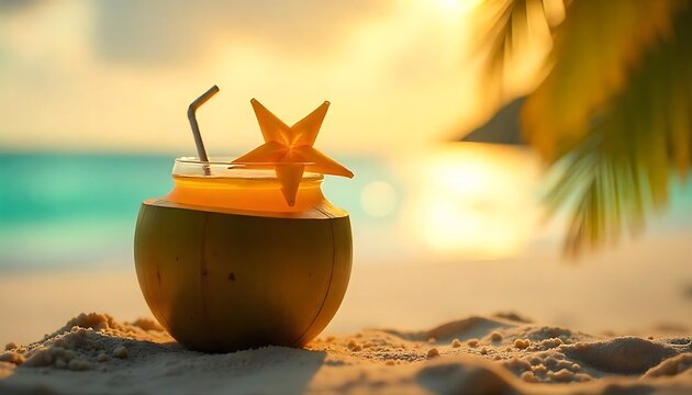 Tropical Sunset Beach Cocktail in Coconut: A Refreshing Drink on Sandy Shores