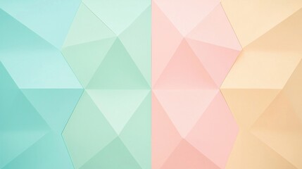 Soft pastel geometric shapes create a symmetrical abstract background with shades of mint, pink, and beige.