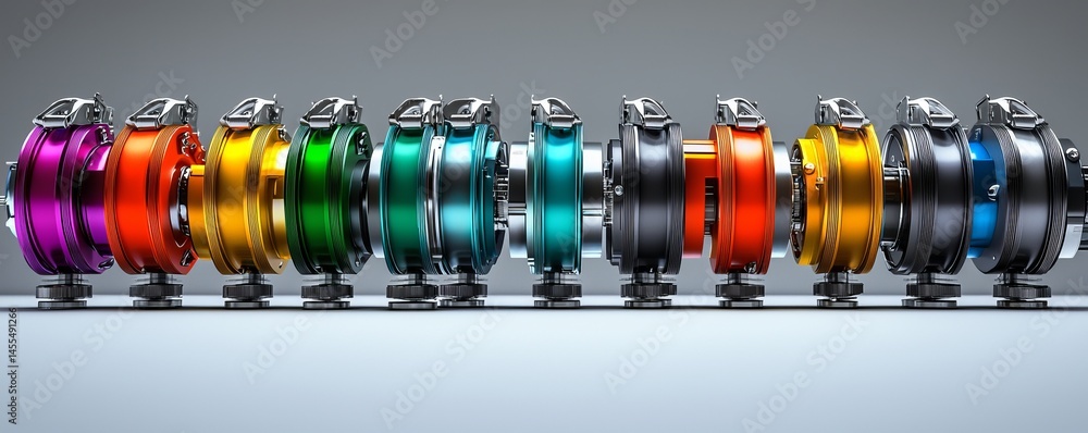 Poster colorful mechanical components arranged in a row, showcasing modern design and precision.