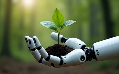 Robotic Hand Gently Cradles a Sapling: A Futuristic Vision of Technology and Nature's Symbiosis. High quality